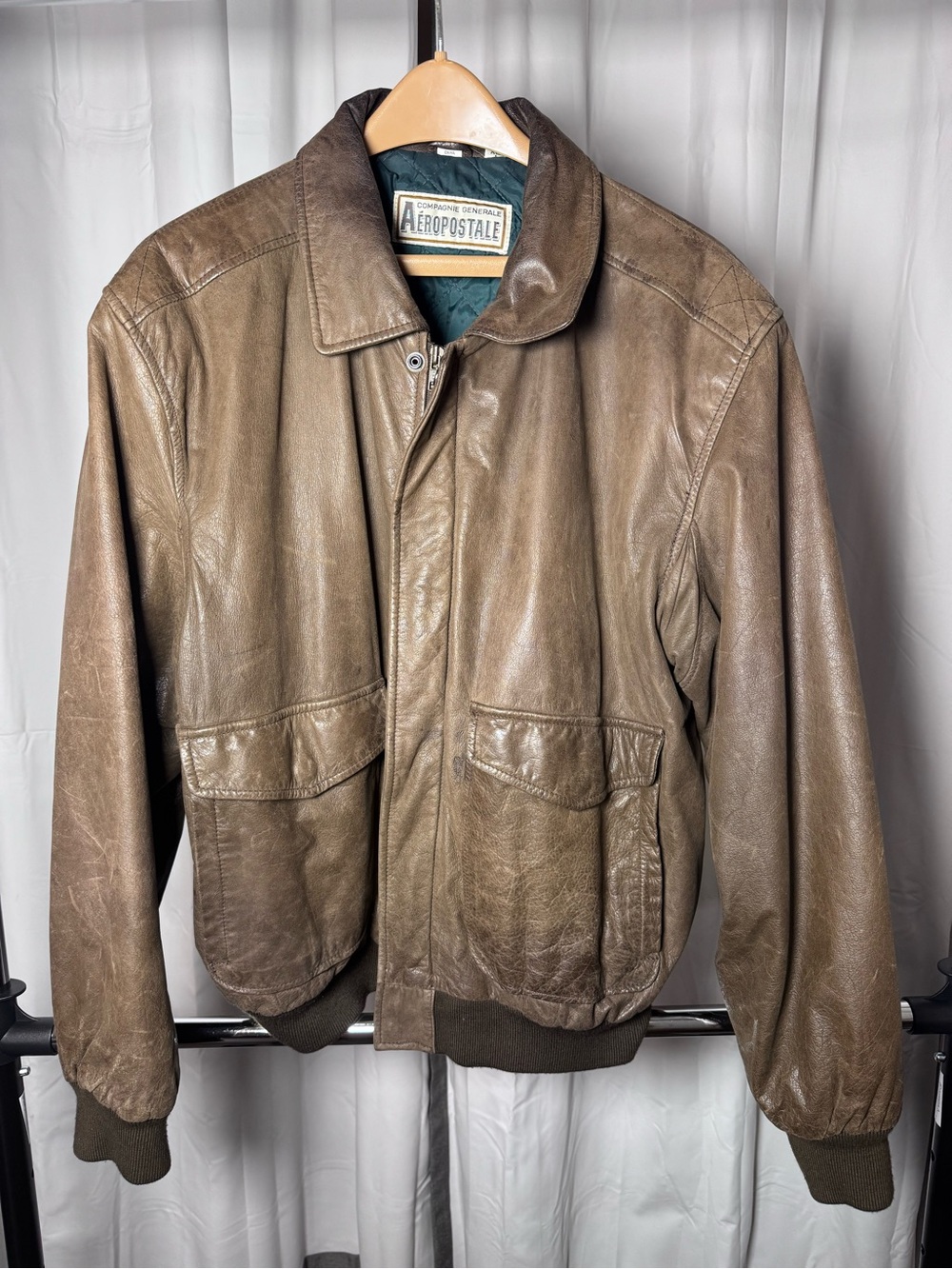 Aeropostale Men's Distressed Brown Leather Bomber Jacket XL